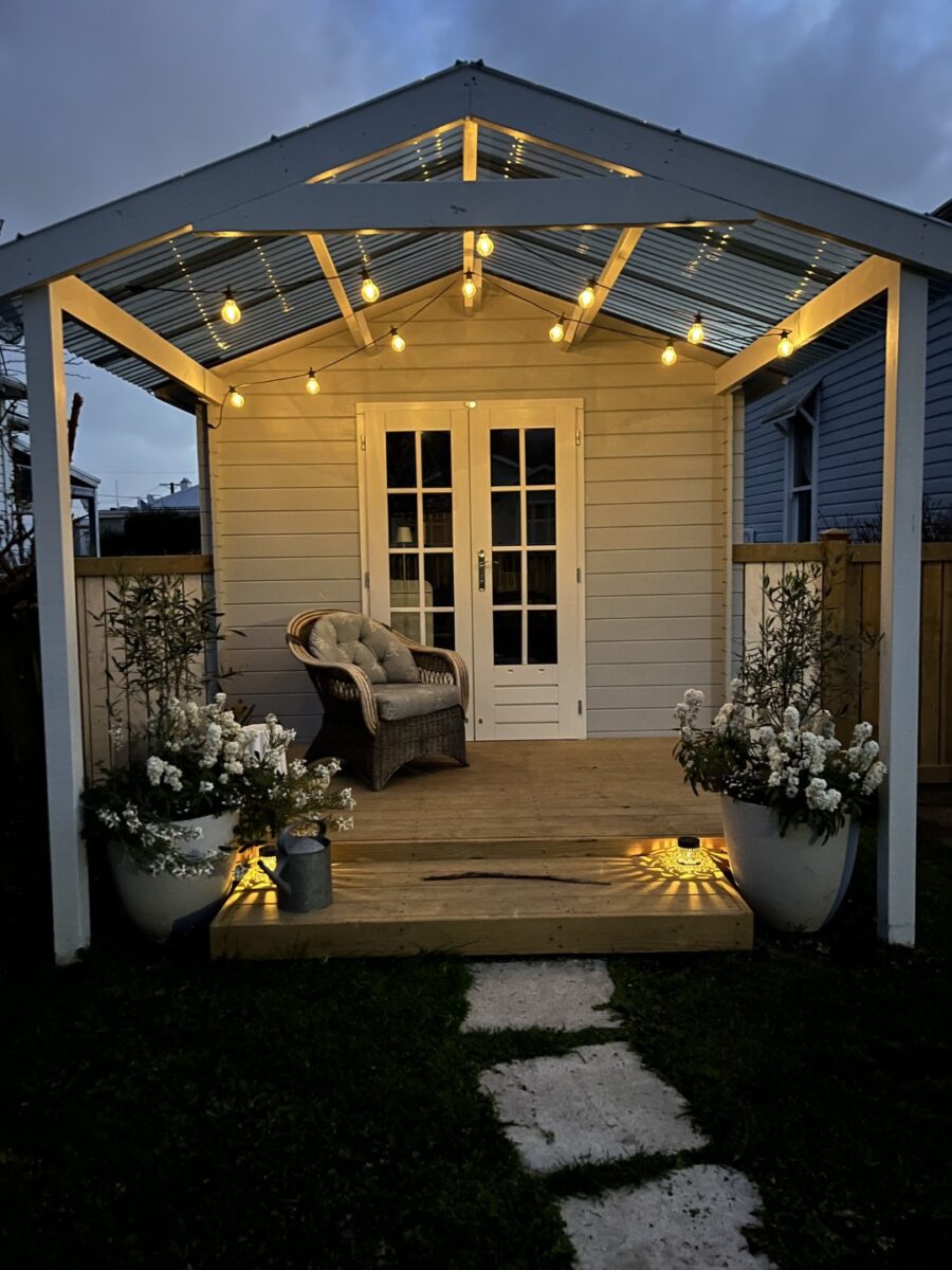 Canopy lights illuminating Belinda's Cabana Cabin Kitset Hair Salon